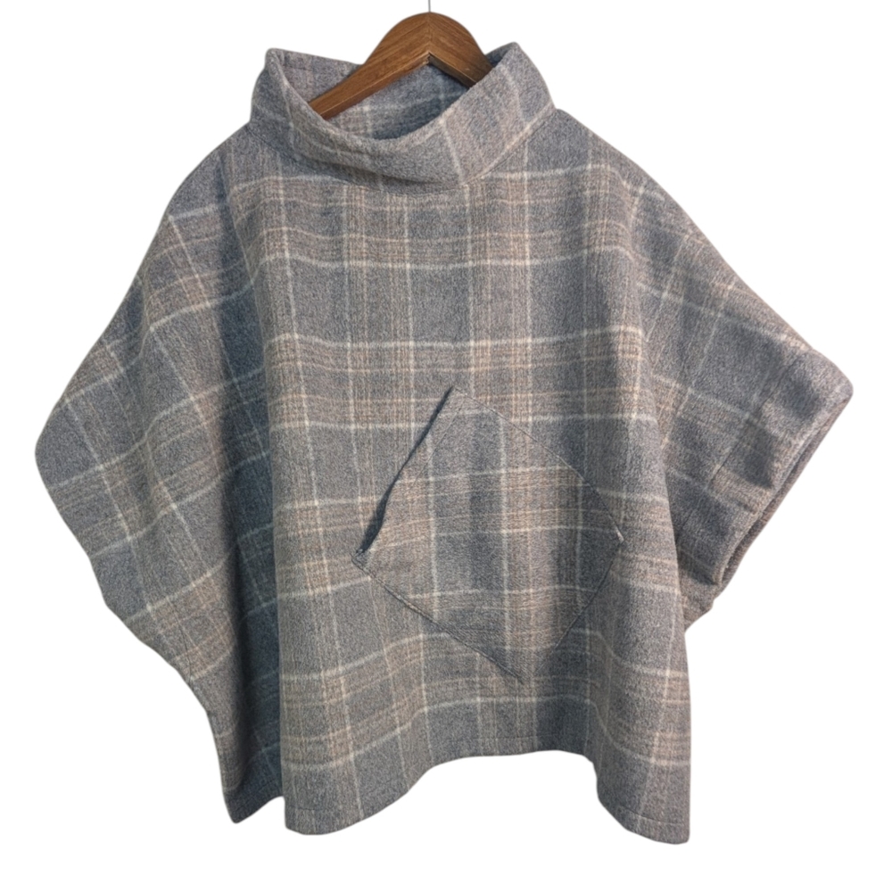 World Market Cowl Neck Gray Plaid Poncho Jacket Onesize